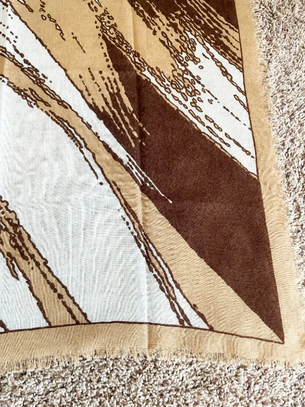 Abstract Brown Tan Cream Square Scarf Raw Fringe Lightweight Boho Wrap